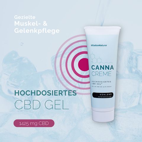Tubo di Canna Creme CBD Gel. Rinfrescante. Testo: CBD Gel ad alta dose. 1425 mg CBD.