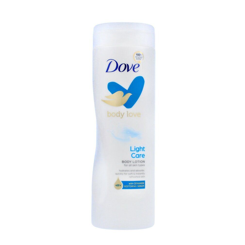 Flacone bianco Dove. Logo cuore blu. Scritta: body love, Light Care, Body Lotion. Per pelli normali. Con siero ceramidi.