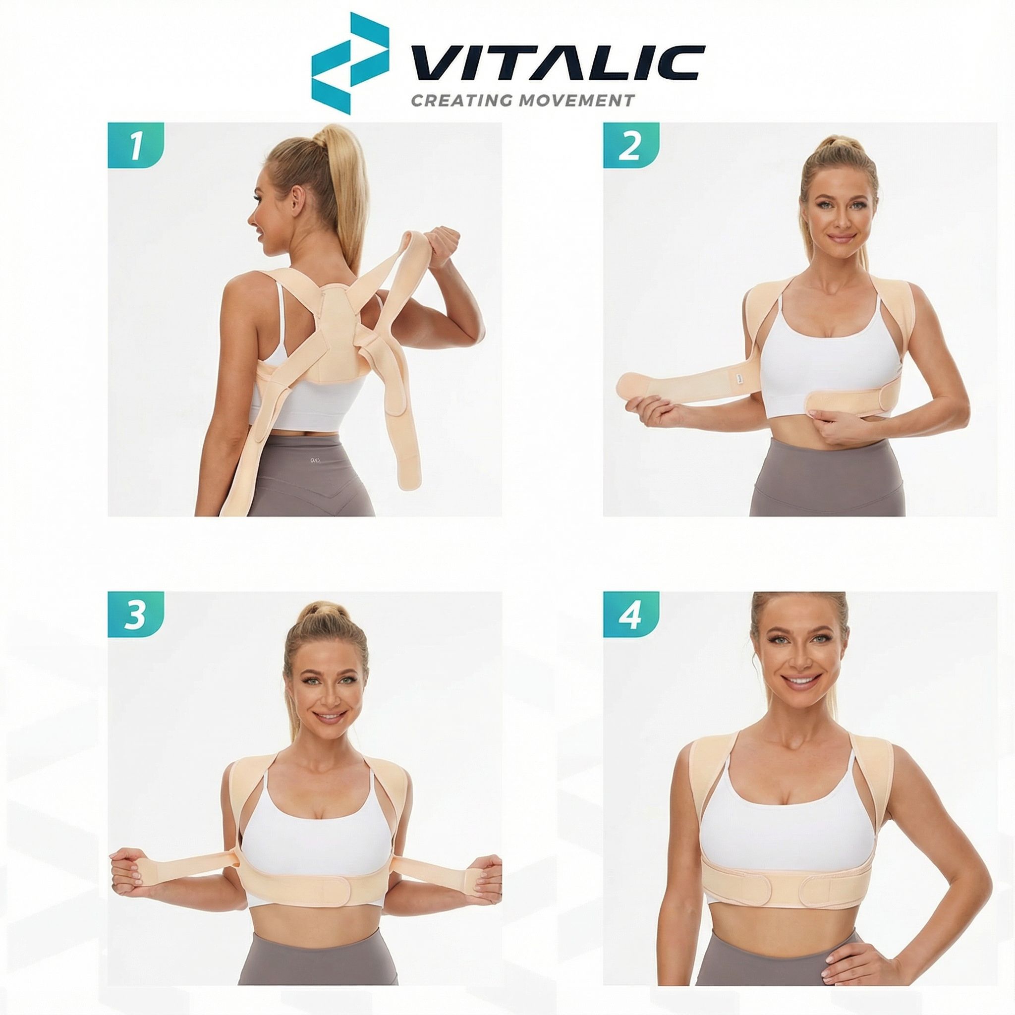 Correttore posturale beige. Passaggi 1-4 per l'uso. Donna che mostra i passaggi. Logo VITALIC.
