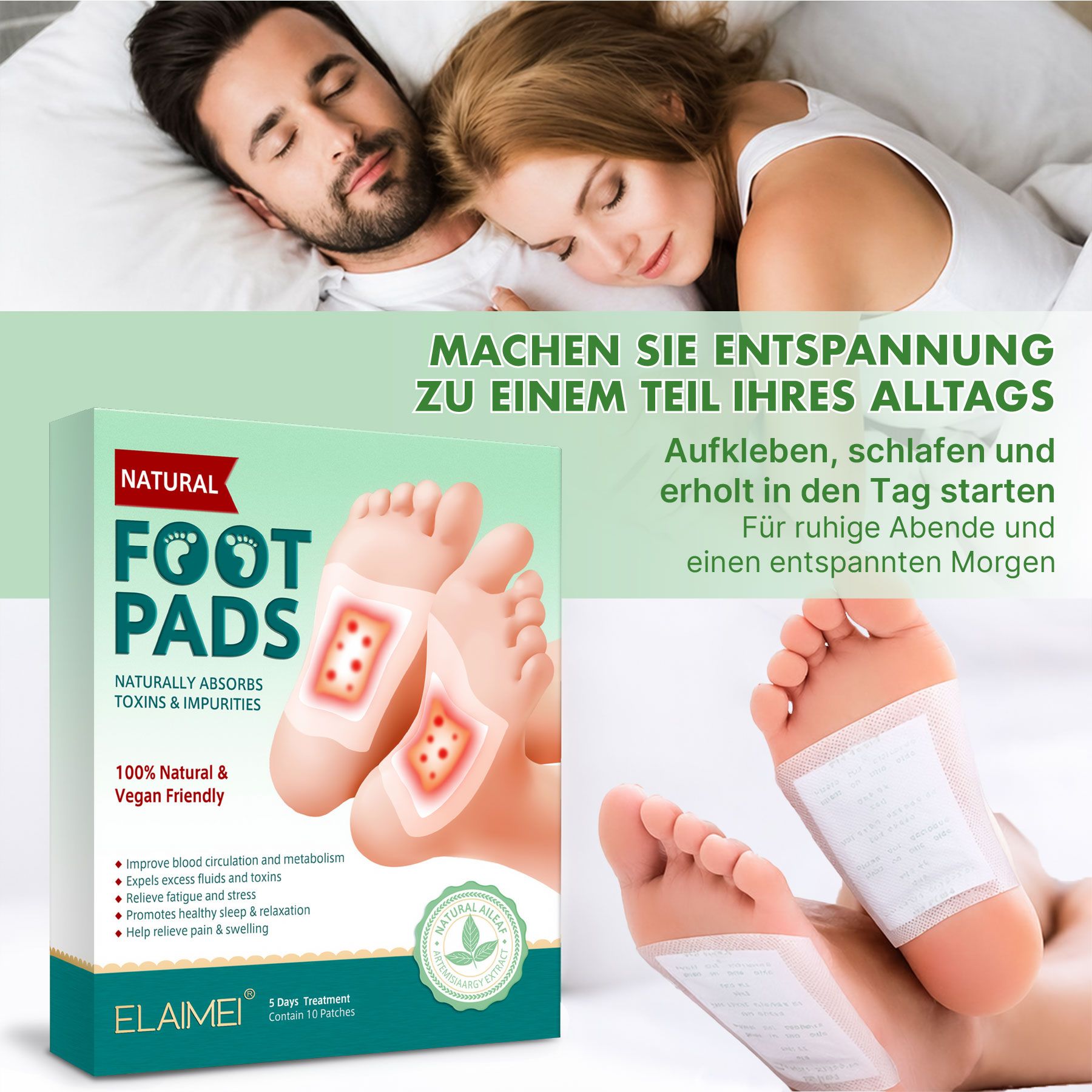 Confezione di 'Natural Foot Pads' con immagine di piedi e coppia addormentata.