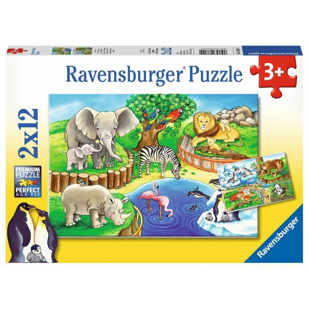 Scatola puzzle con motivo zoo. Stampa: elefanti, leoni, zebre, pinguini, fenicotteri. Marca: Ravensburger. Età: 3+.