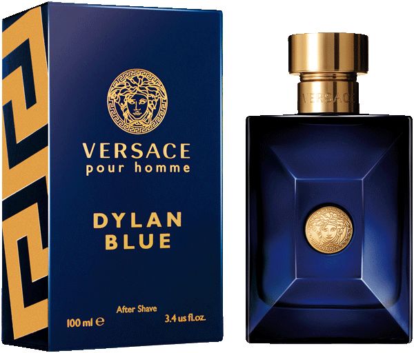 Flacone e scatola dopobarba blu. Tappo dorato e logo Medusa. Testo: VERSACE POUR HOMME DYLAN BLUE After Shave.