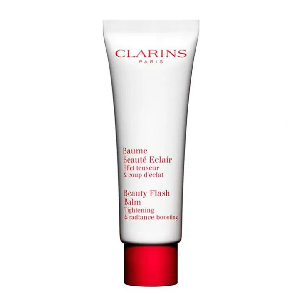 Tubo bianco con tappo rosso. Scritta: Clarins, Baume Beauté Eclair, Beauty Flash Balm. Testo in francese e inglese.