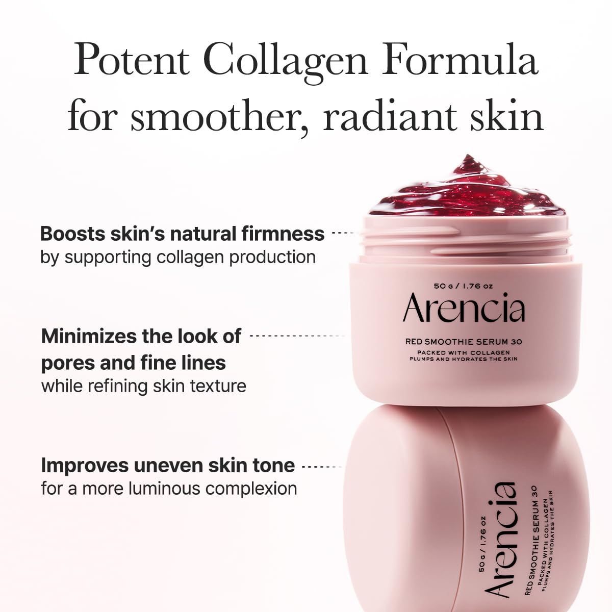 Due vasetti rosa con siero rosso. Scritta: Arencía, Red Smoothie Serum 30. Testo: Potent Collagen Formula for smoother, radiant skin.