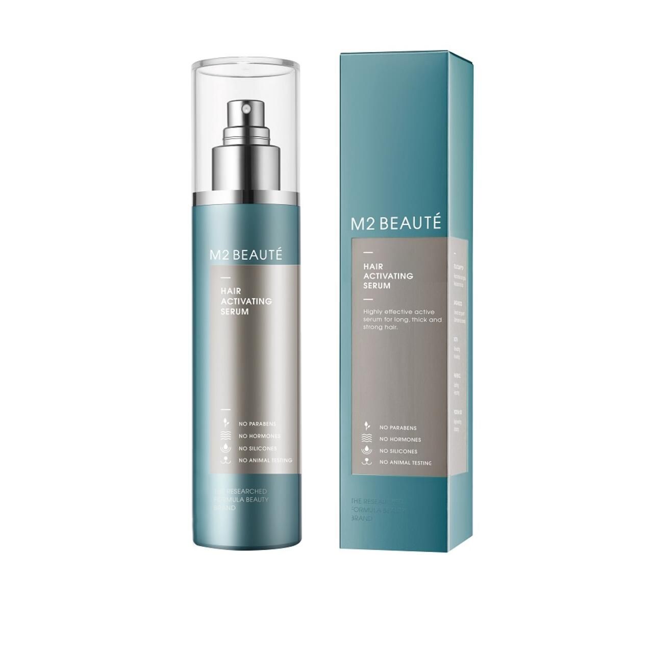 Flacone blu-argento con vaporizzatore e scatola. Scritta: M2 Beauté, Hair Activating Serum.