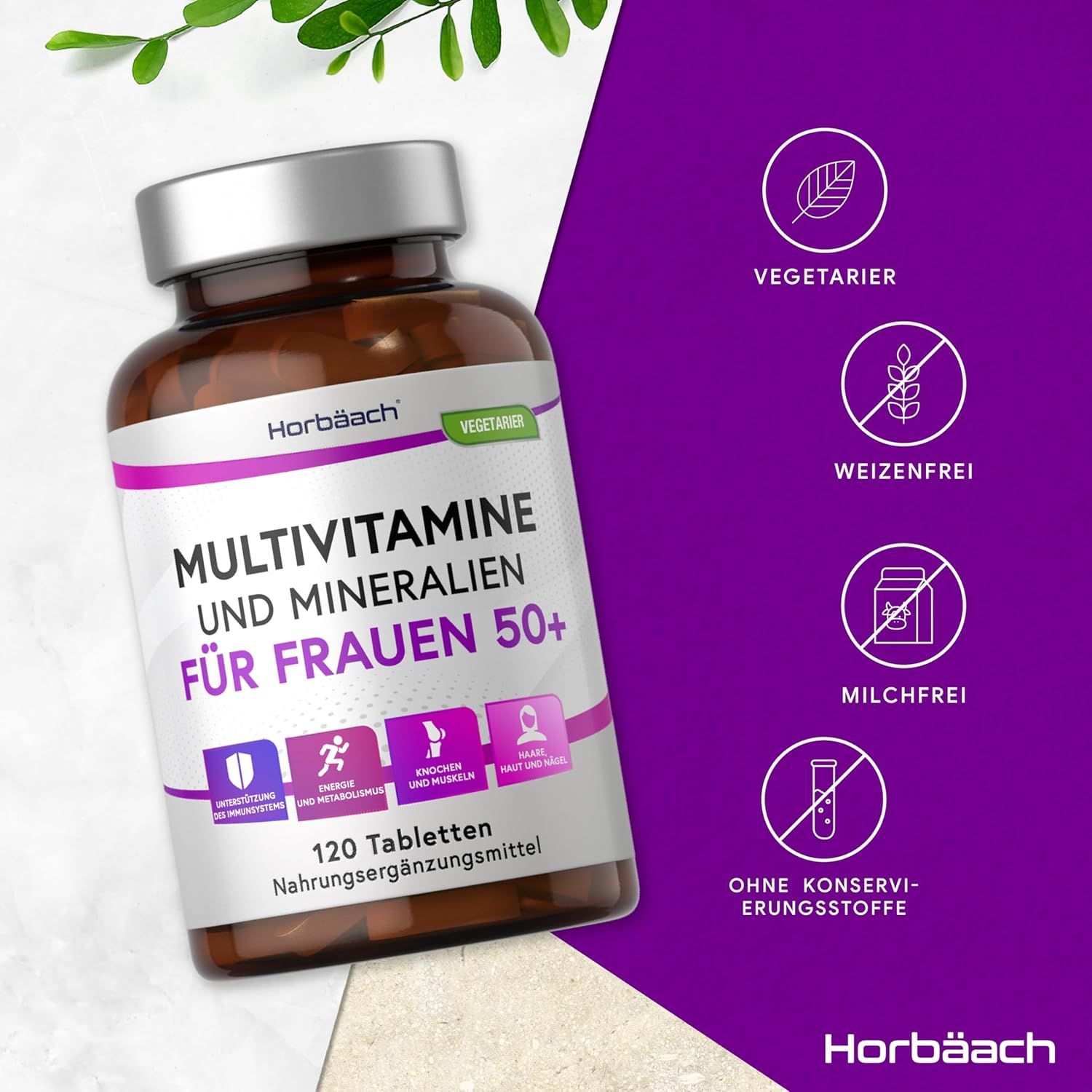 Flacone marrone con etichetta bianca e viola. Scritta: Multivitamine e minerali per donne 50+. 120 compresse. Vegetariano. Senza conservanti.