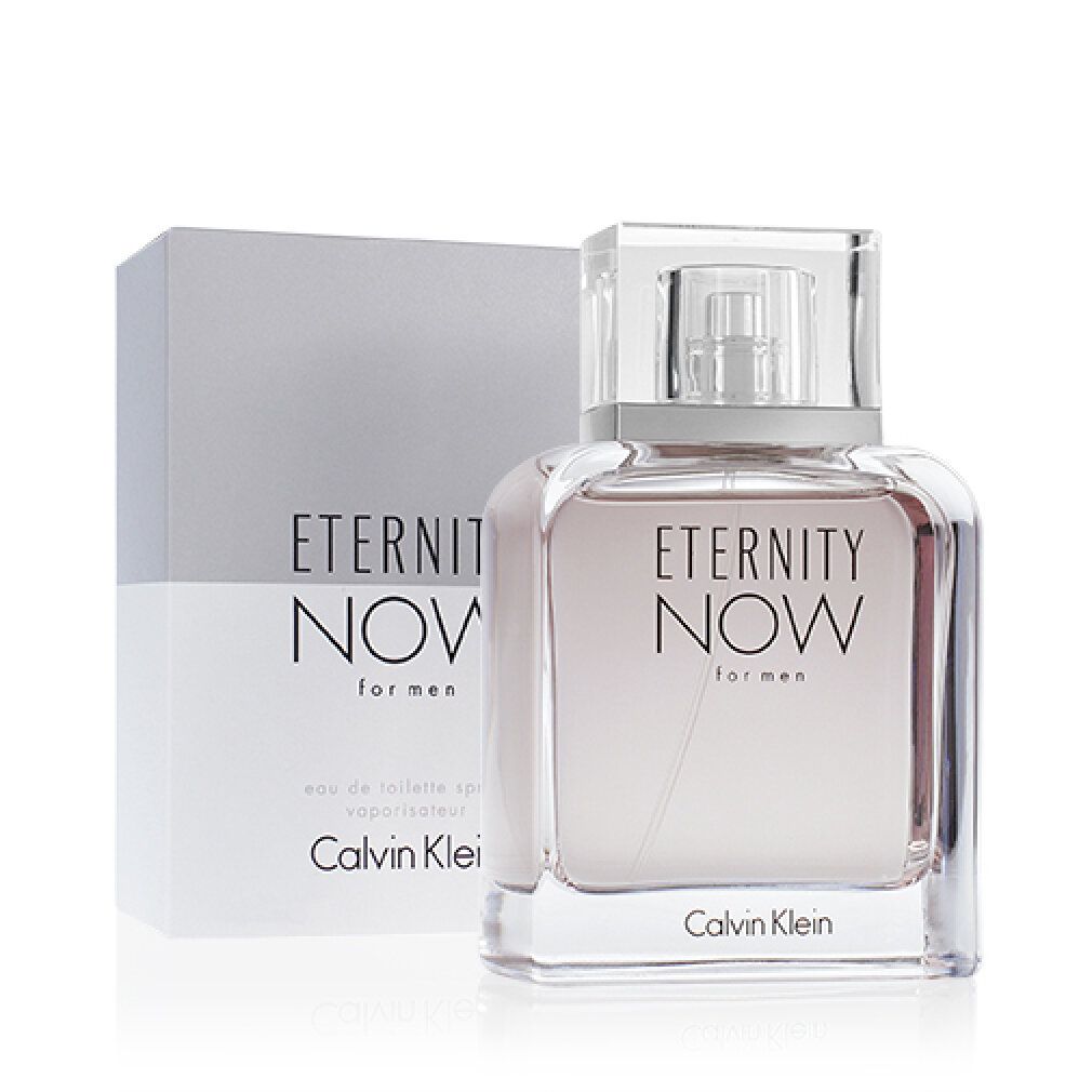 Flacone e confezione di Calvin Klein Eternity Now for Men. Scritta: Eternity Now for men, Calvin Klein.