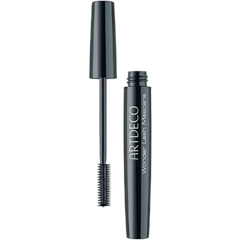 Spazzolino e contenitore di mascara neri. Contenitore con scritta "ARTDECO Wonder Lash Mascara". Coperchio accanto.