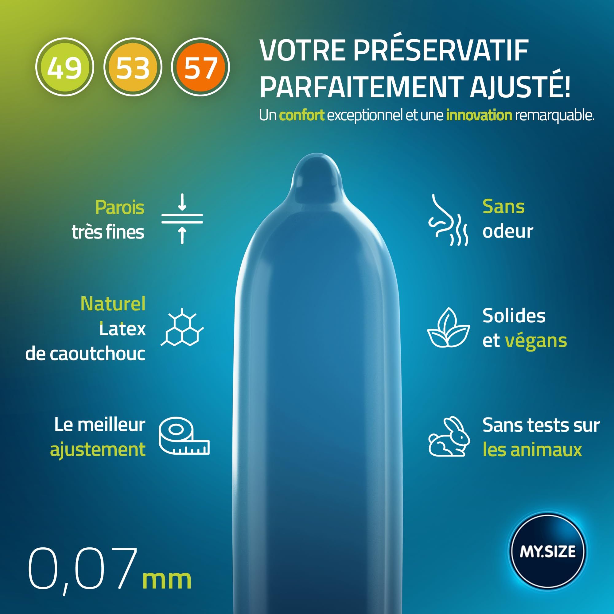 Preservativo blu in lattice naturale, sottile 0,07 mm, con caratteristiche inodore e vegan.