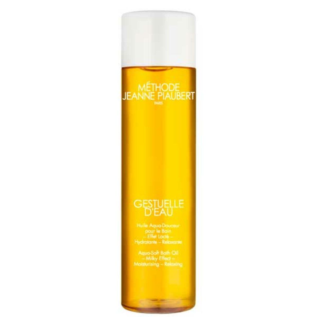 Flacone alto Gestuelle d'Eau. Olio aqua-soft per il bagno. Effetto latteo, idratante, rilassante. Marchio Jeanne Piaubert.