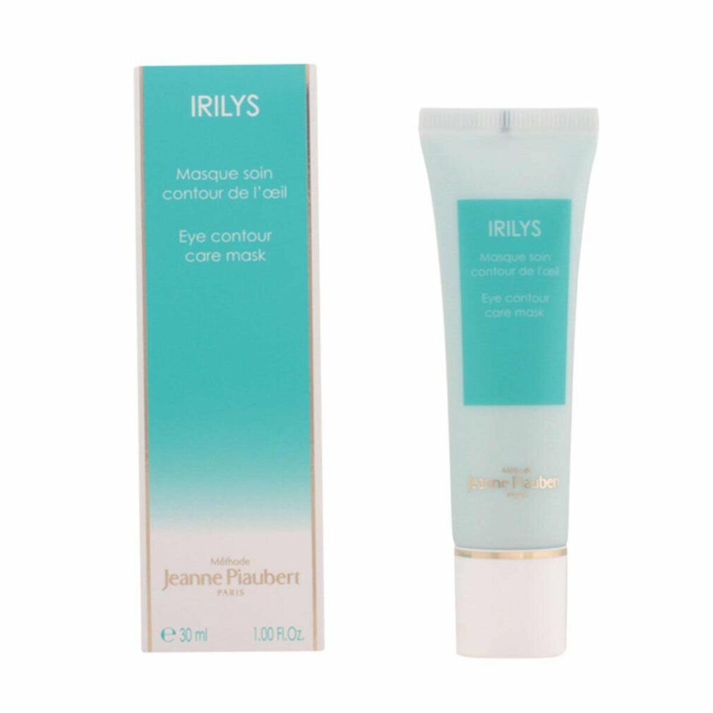 Maschera per occhi Irilys e confezione. Turchese e bianco. Testo: Irilys, Masque soin contour de l'œil, Eye contour care mask. Marchio: Jeanne Piaubert. 30 ml.