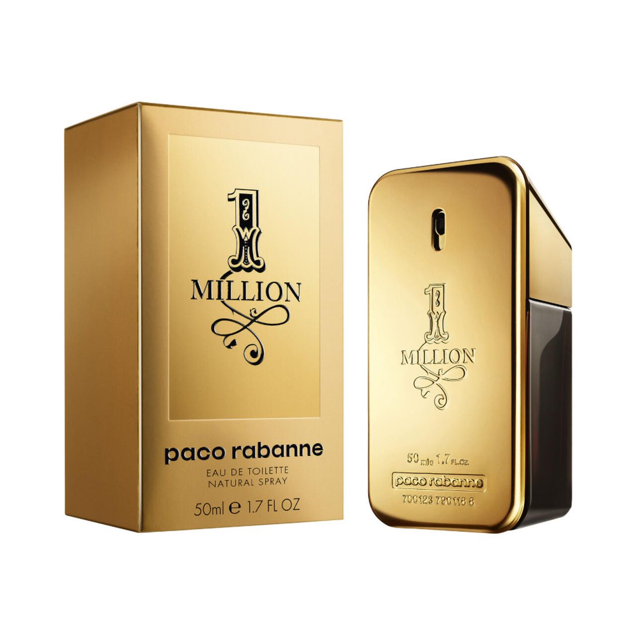 Flacone e confezione dorati con "1 Million" e "paco rabanne". Forma rettangolare, colori oro e nero.