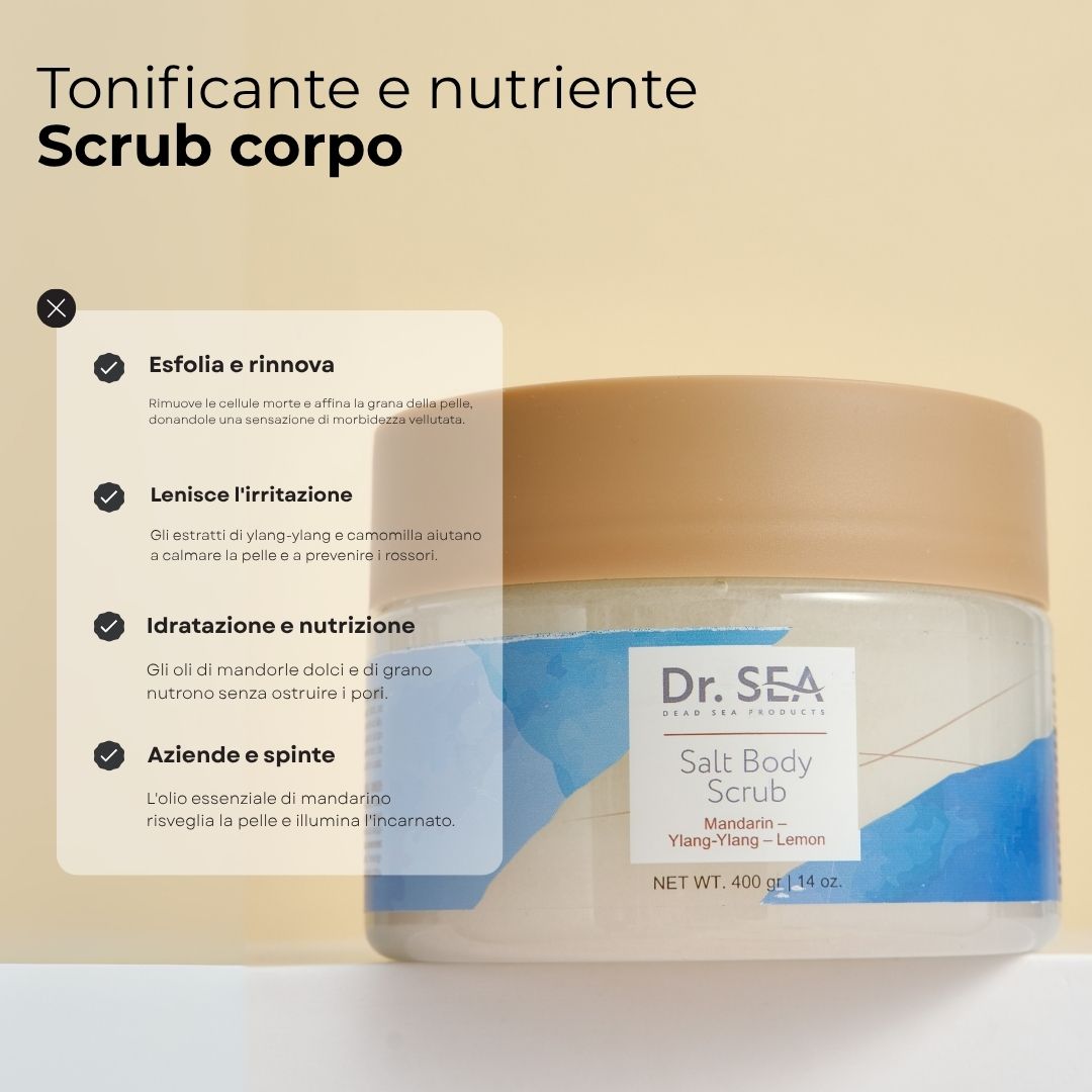 Barattolo di scrub corpo con informazioni. Testo: Esfolia e rinnova, lenisce l'irritazione, idratazione e nutrizione.