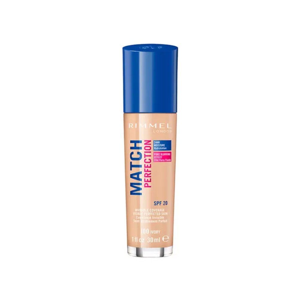 Flacone di fondotinta con tappo blu. Scritta: Rimmel London, Match Perfection, SPF 20, 100 Ivory. 30 ml.