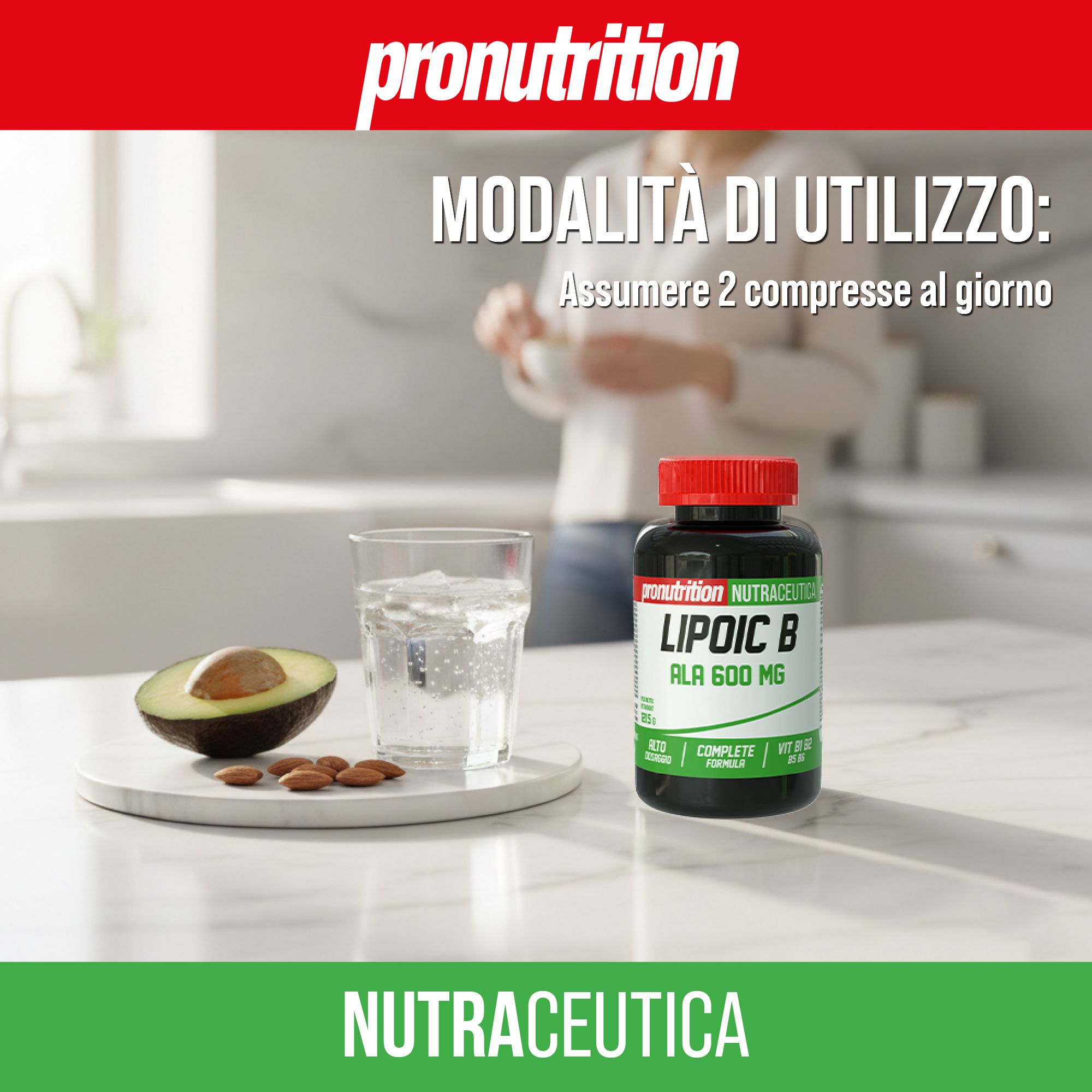 Flacone marrone con tappo rosso. Scritta: LIPOIC B ALA 600 MG. Accanto, bicchiere d'acqua, avocado e mandorle.