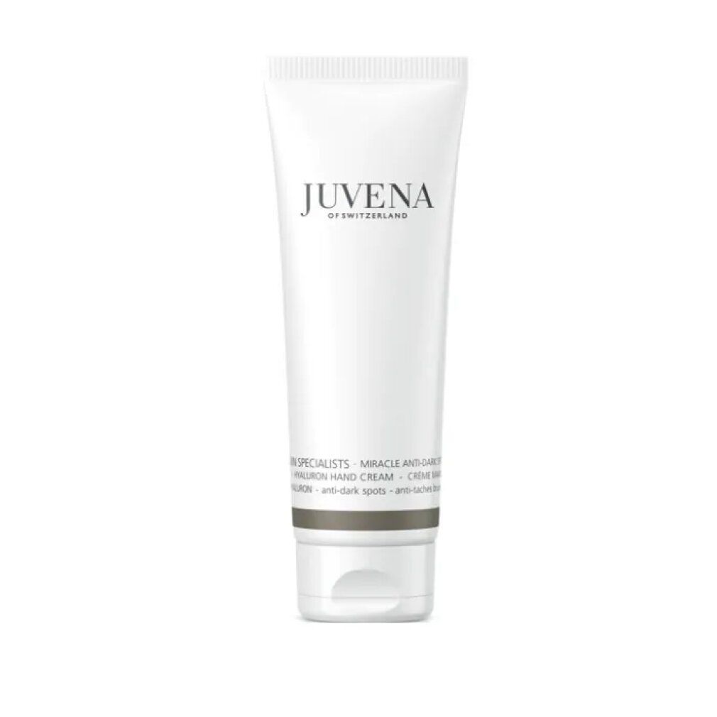 Tubo bianco con scritta JUVENA. Testo: MIRACLE ANTI-DARK SPOT HYALURON HAND CREAM. Anti-macchie.