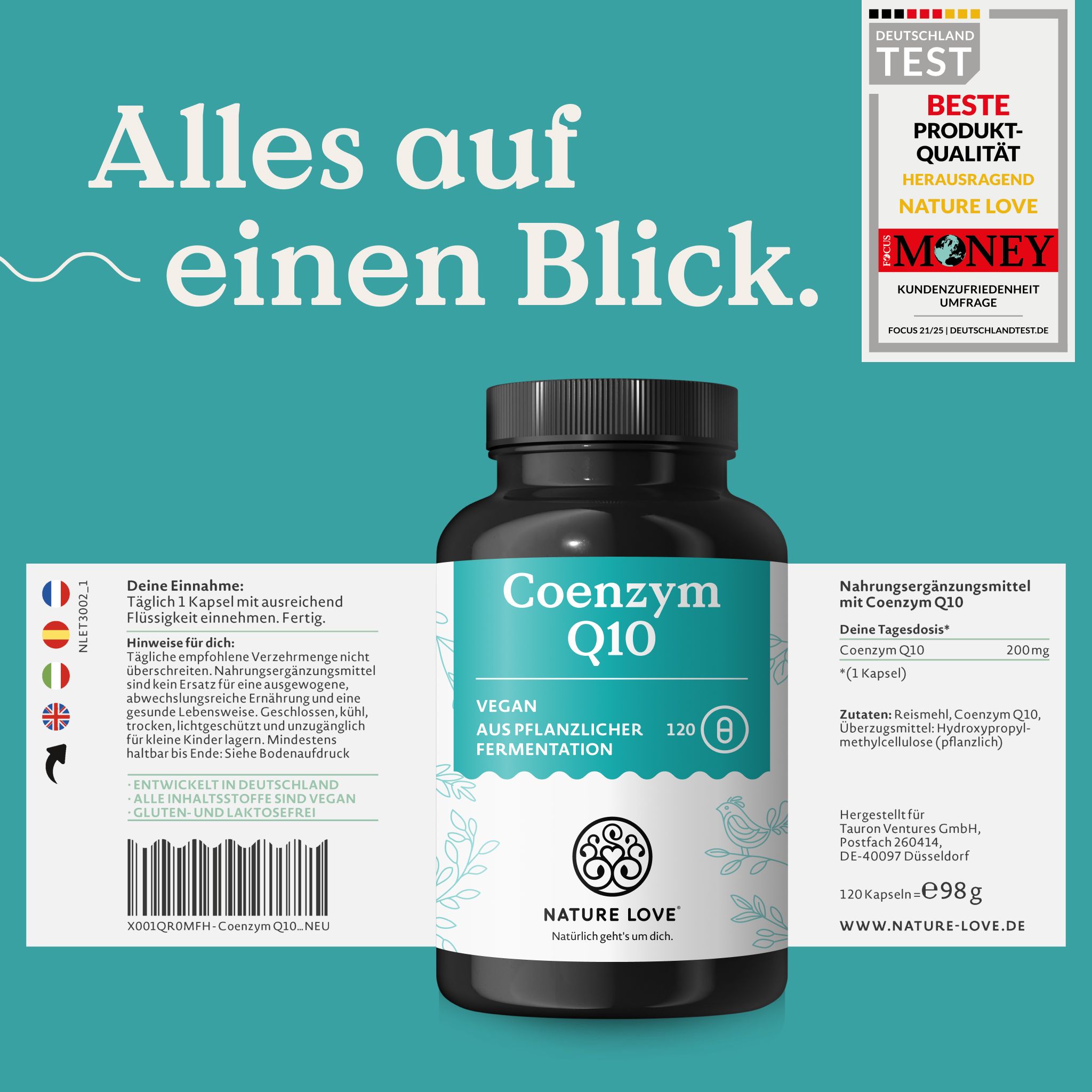 Flacone Coenzima Q10 con etichetta. Sinistra: istruzioni per l'assunzione. Destra: informazioni nutrizionali, 120 capsule.