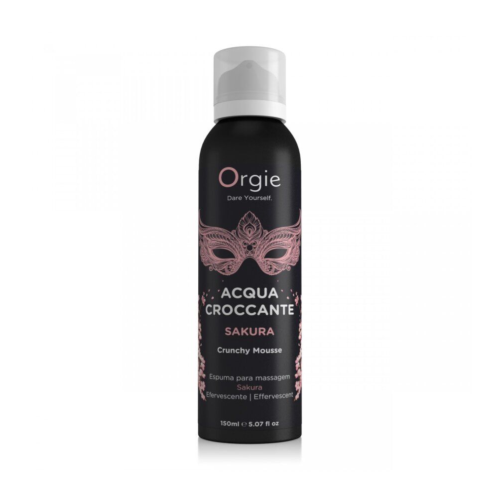 Flacone nero con erogatore bianco. Scritta: Orgie, Acqua Croccante Sakura Crunchy Mousse. Design maschera rosa.