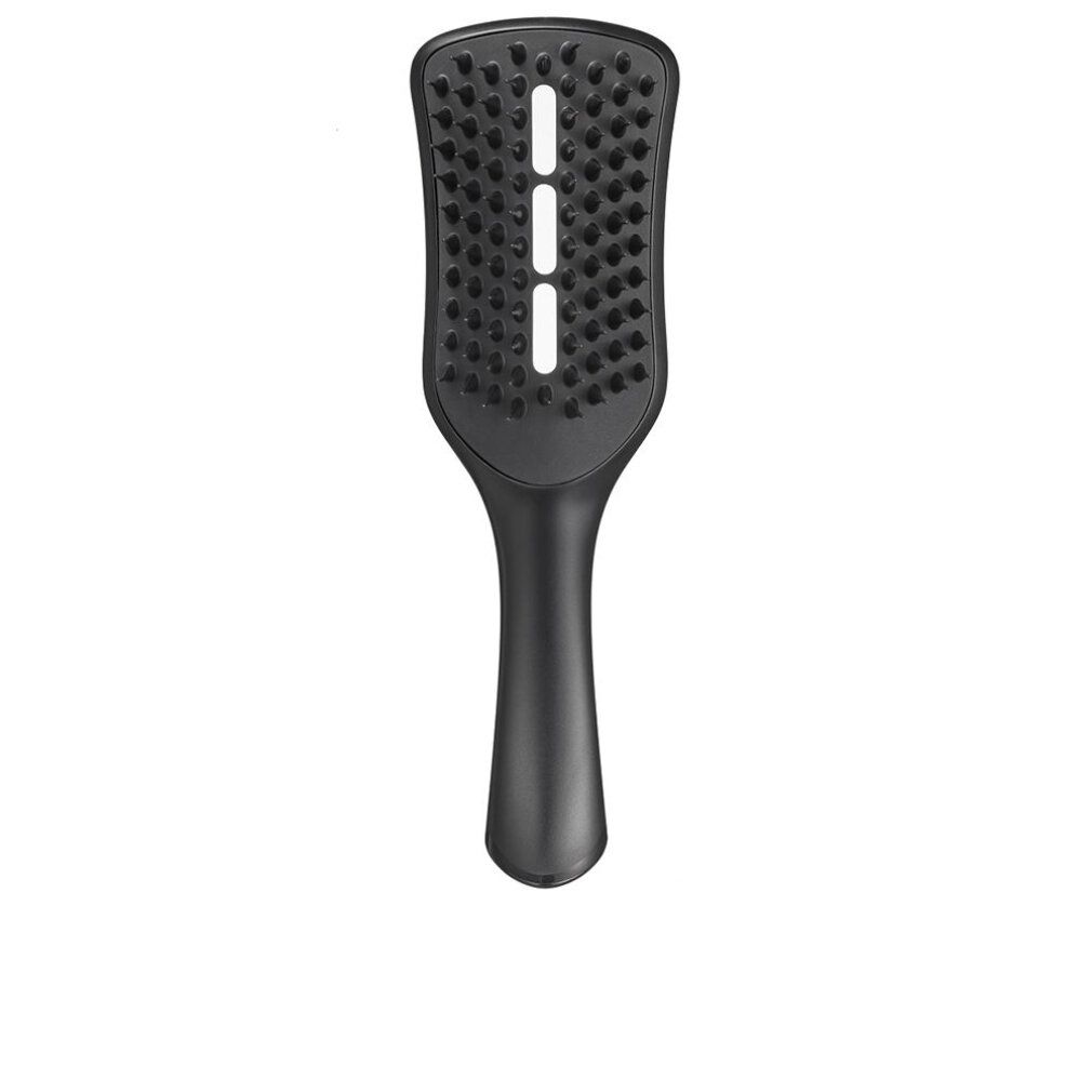 Spazzola per capelli nera con manico e fori di ventilazione. Testina ovale con setole nere. Manico dalla forma arrotondata.