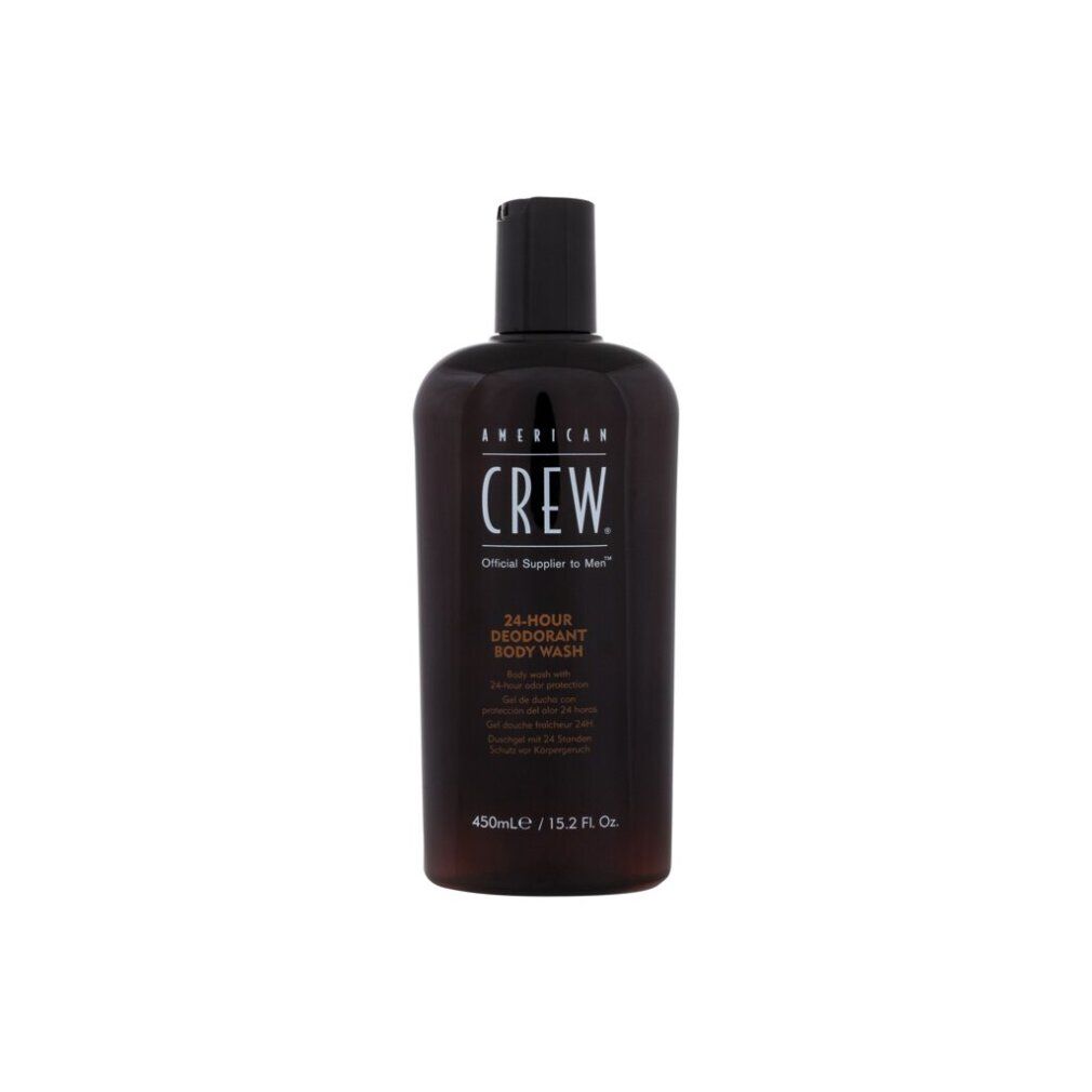 Flacone marrone con tappo nero. Scritta: AMERICAN CREW, 24-HOUR DEODORANT BODY WASH. Volume: 450ml/15.2 Fl. Oz.
