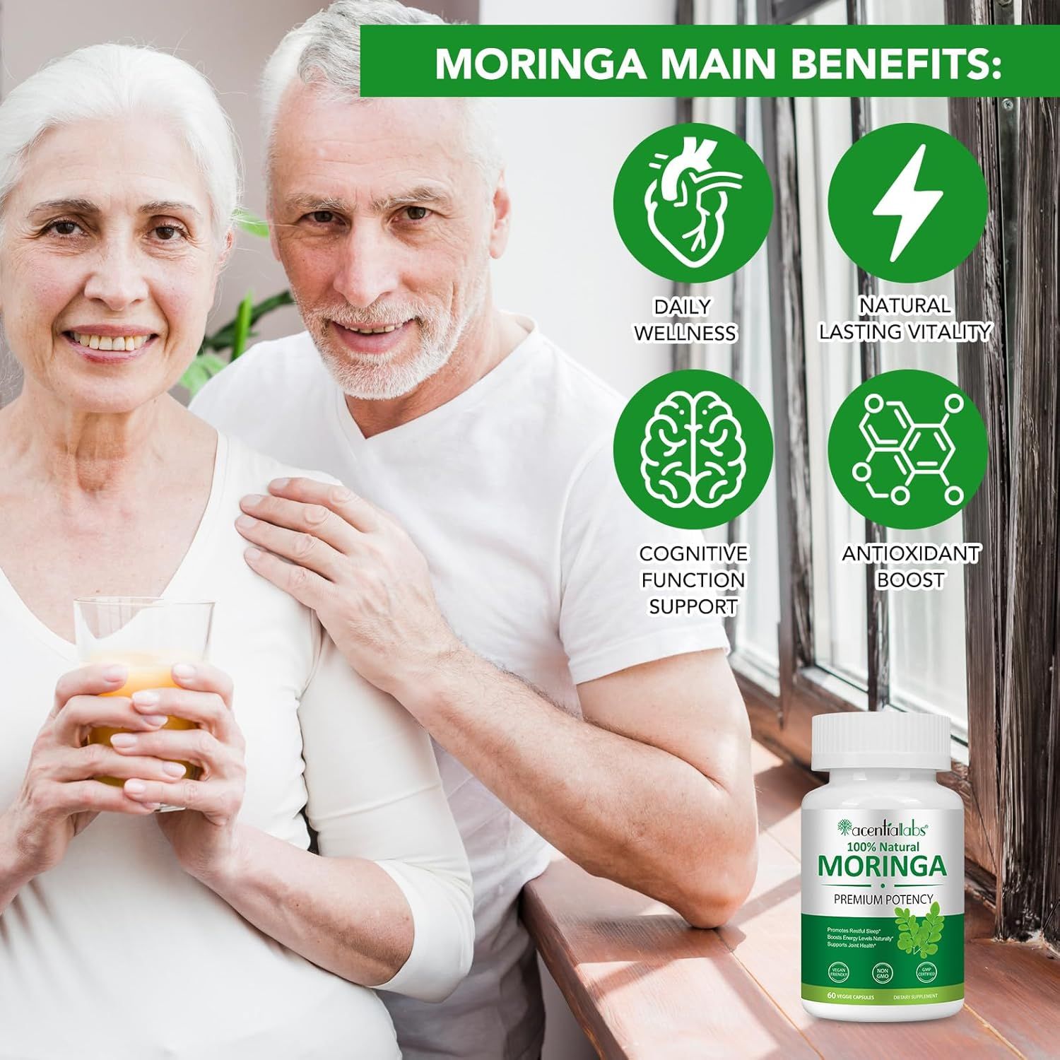 Capsule Zoxpm Moringa: Flacone accanto a una coppia anziana, con icone per il benessere quotidiano e il supporto cognitivo.