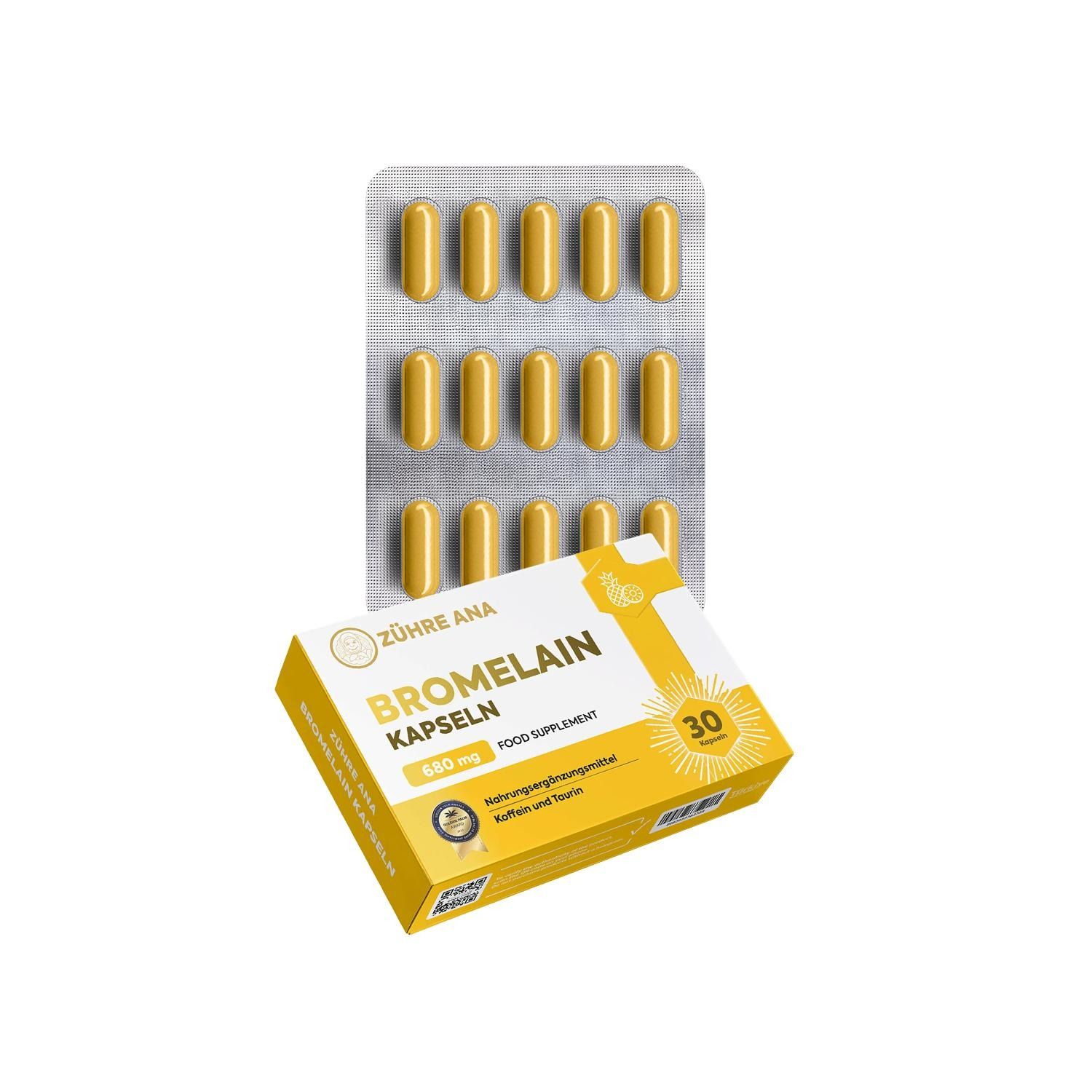 Confezione da 30 capsule di bromelina, 660 mg per capsula. Capsule gialle in blister e scatola.