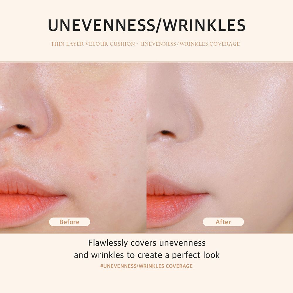 Confronto prima-dopo: BLACK ROUGE Thin Layer Velour Cushion Foundation copre imperfezioni e rughe.