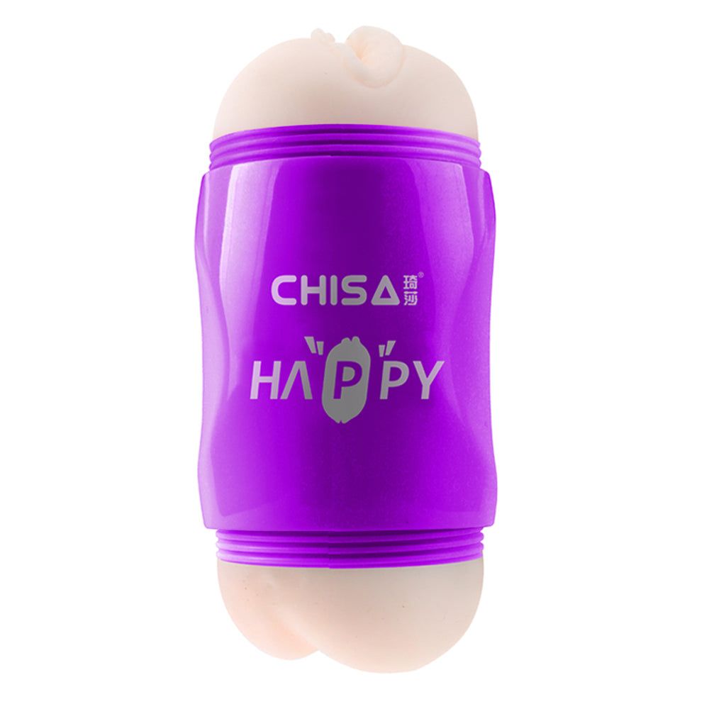 Prodotto viola e nero con scritta "CHISA HAPPY". Forma ovale con aperture alle due estremità. Fascia viola al centro.