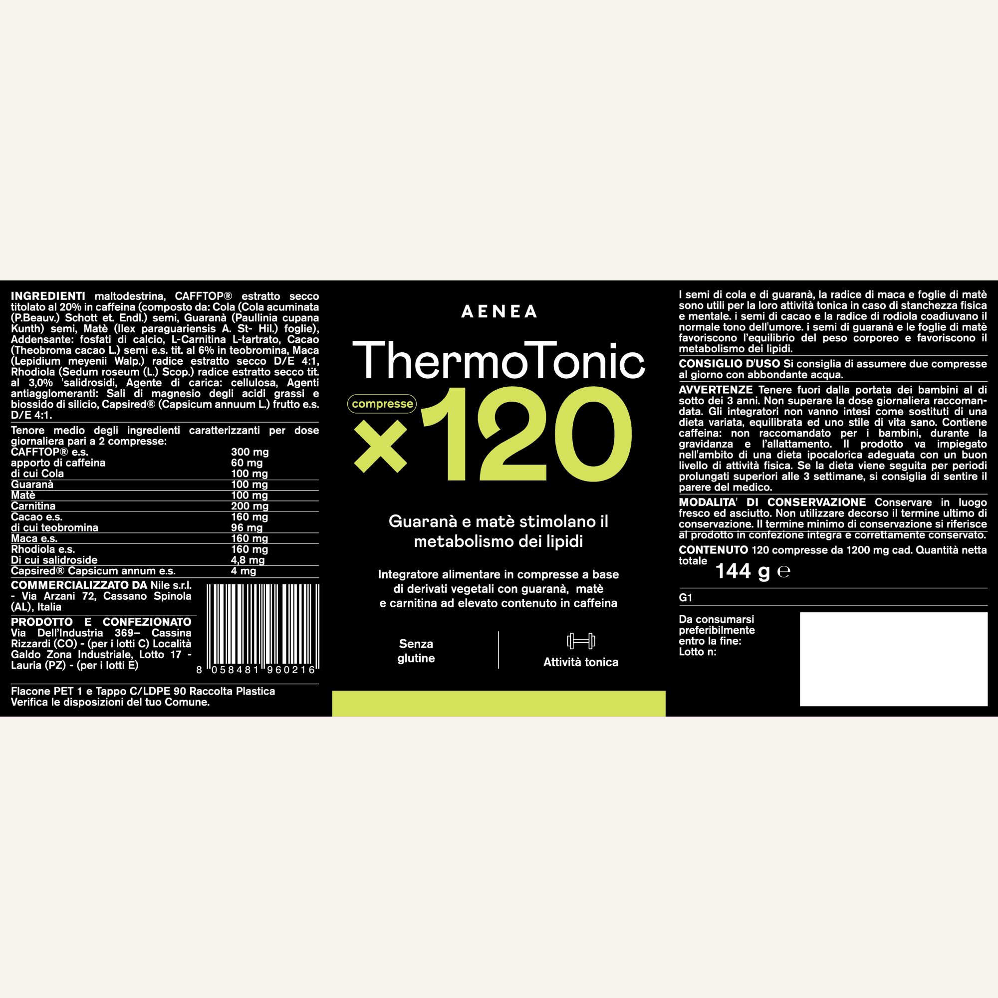 Etichetta nera con ingredienti, Aenea ThermoTonic x120 compresse. Testo: Guaranà e matè stimolano il metabolismo dei lipidi.