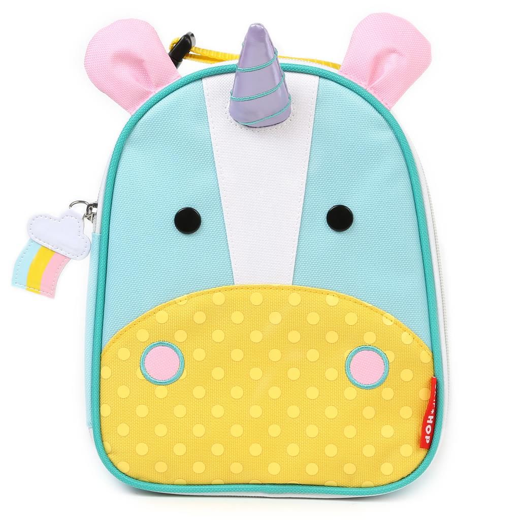 Borsa termica unicorno. Azzurro, giallo e bianco. Con faccia, orecchie e corno di unicorno. Cerniera e maniglia.