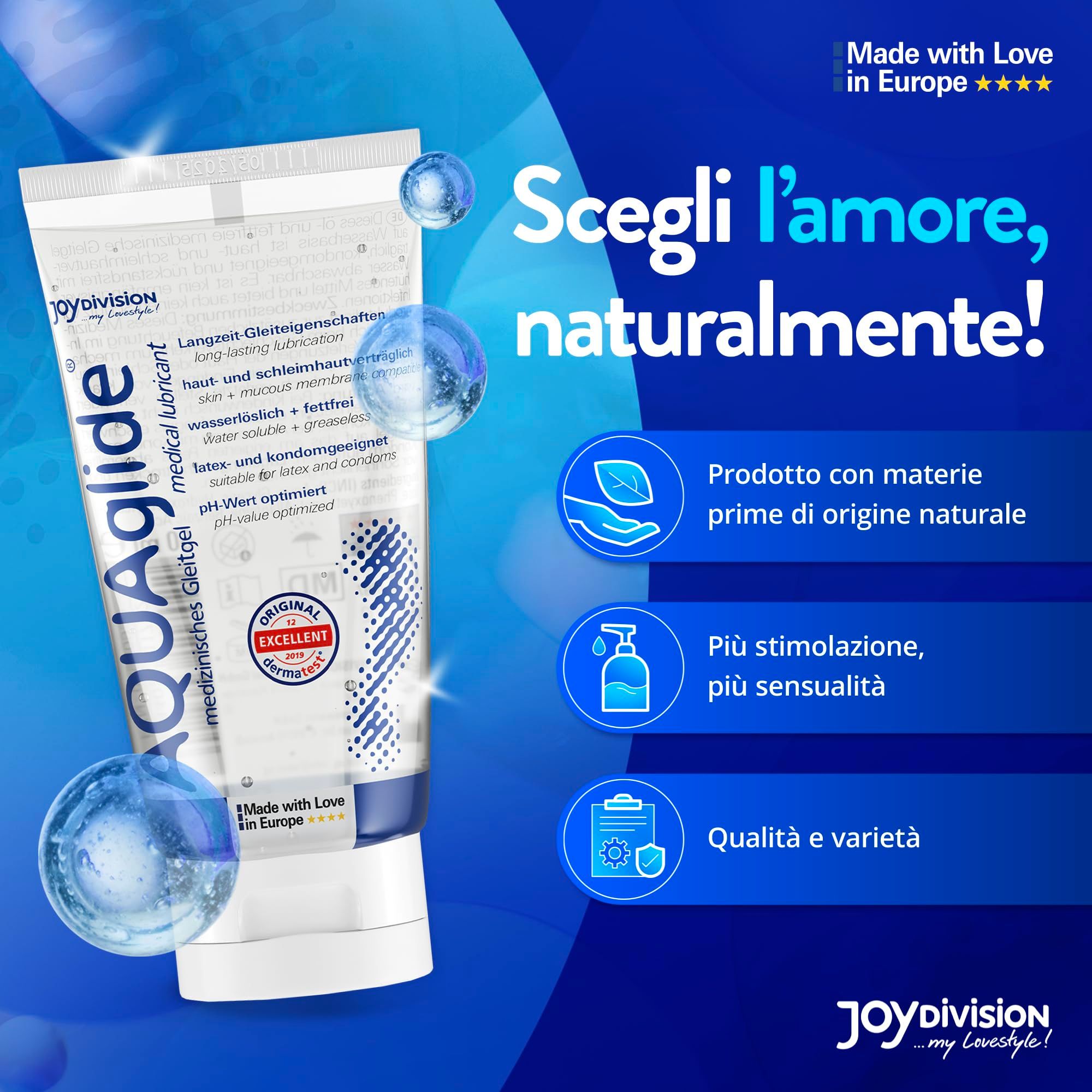 Tubo di gel lubrificante medicale AQUAGLIDE con effetto acqua. "Made with Love in Europe".