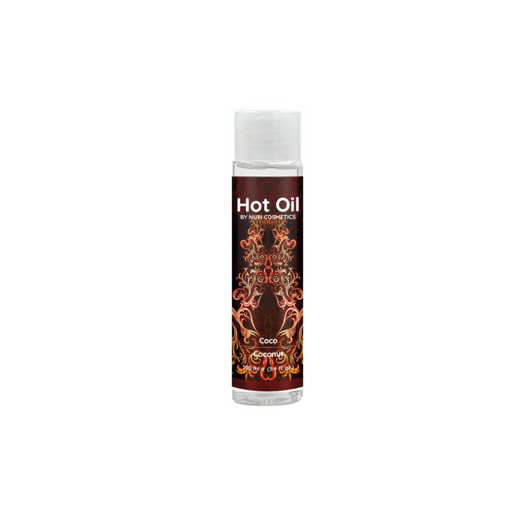 Flacone trasparente con tappo bianco. Scritta "Hot Oil" e "Coco Coconut".