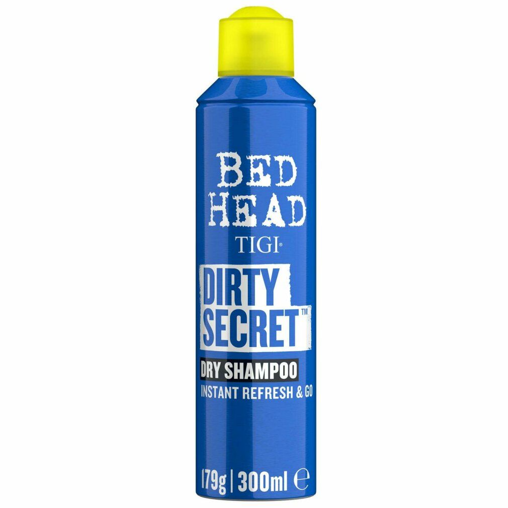 Flacone spray blu con tappo giallo. Shampoo secco Bed Head Dirty Secret. Testo: Dry Shampoo, 179g/300ml.