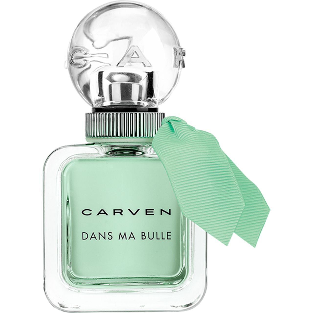 Flacone quadrato con liquido verdognolo. Scritta: CARVEN DANS MA BULLE. Tappo trasparente con logo. Fiocco verde menta.