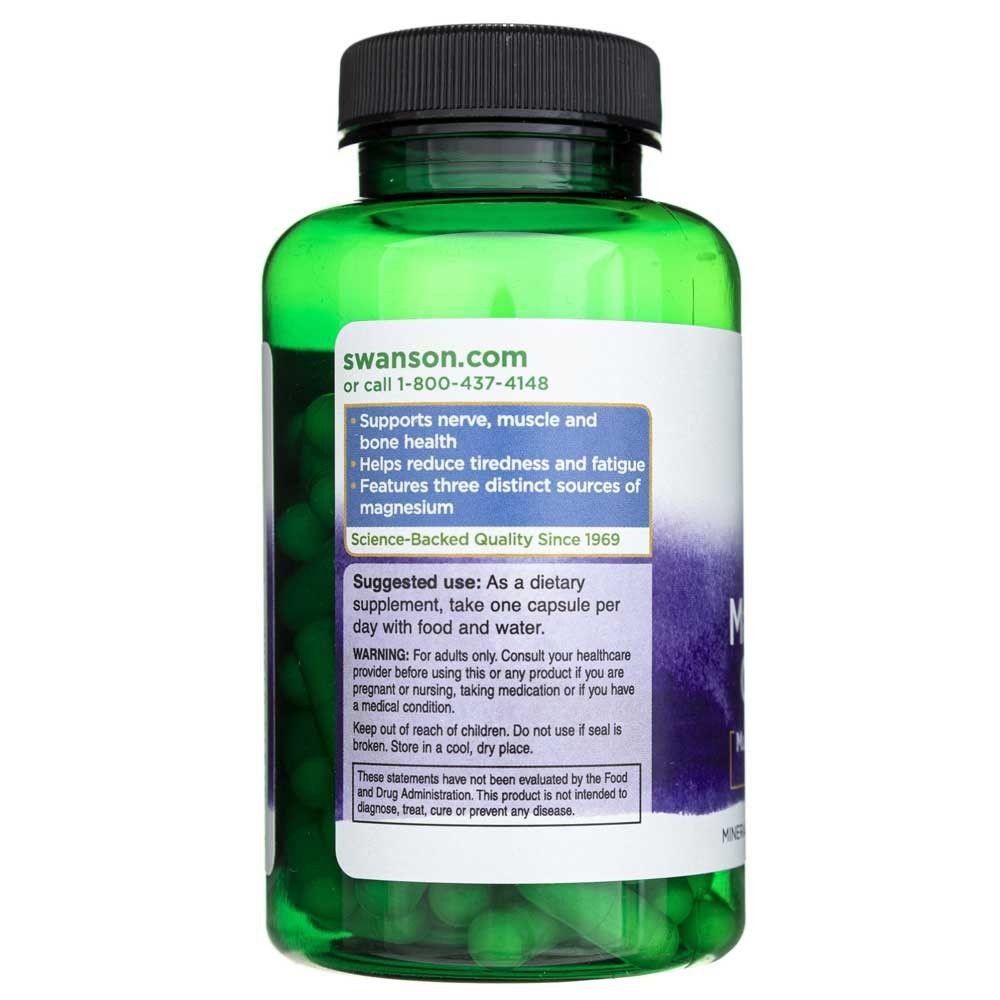 Retro di un flacone Swanson Triple Magnesium Complex 400 mg, con istruzioni per l'uso e avvertenze.
