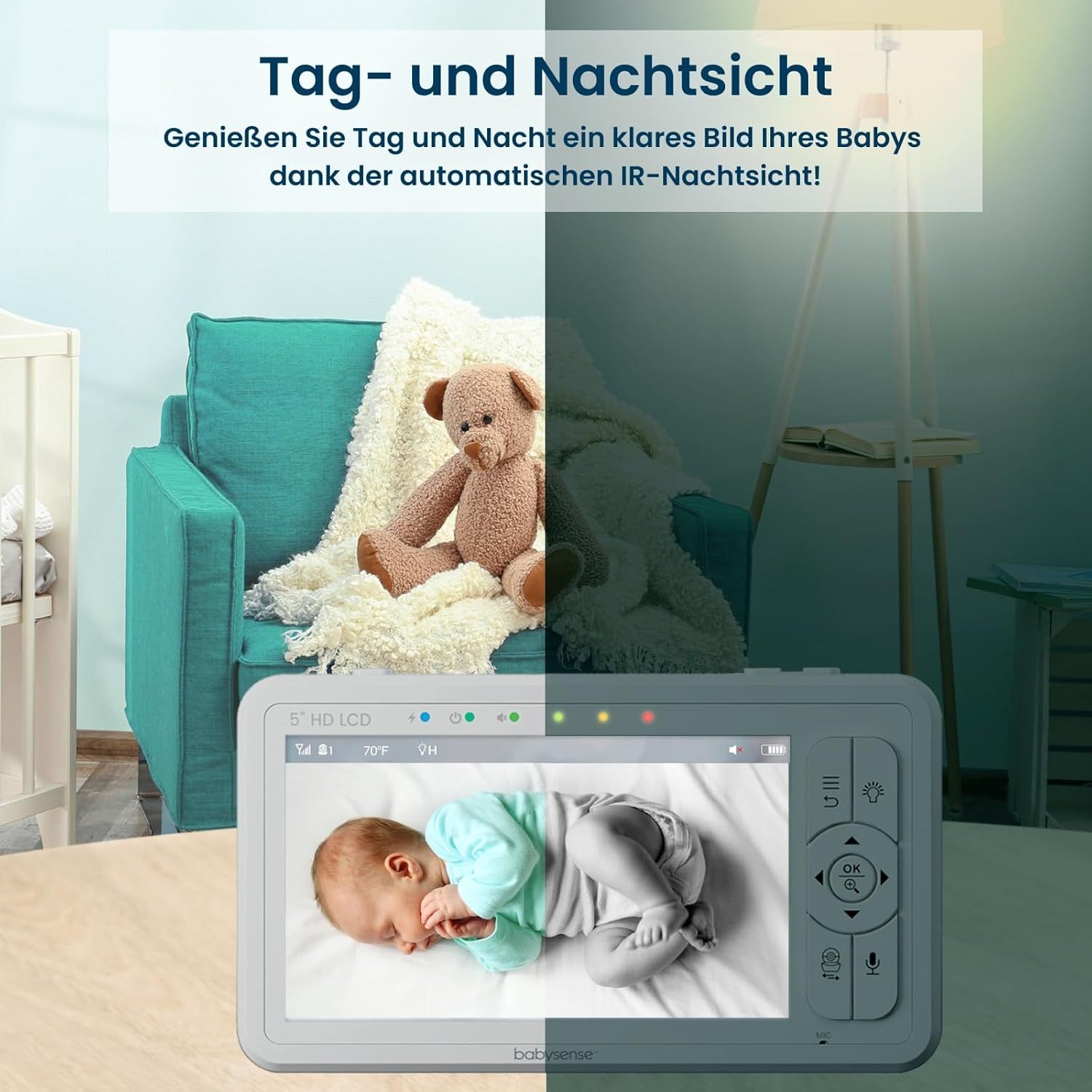 Baby monitor HD da 5 pollici con 2 telecamere Babysense