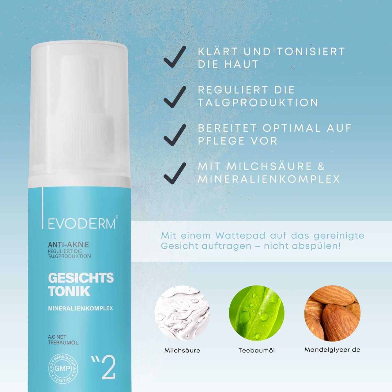Tonico blu con vaporizzatore. Testo: Tonico viso, complesso minerale. Ingredienti: acido lattico, olio di tea tree, gliceridi di mandorle.