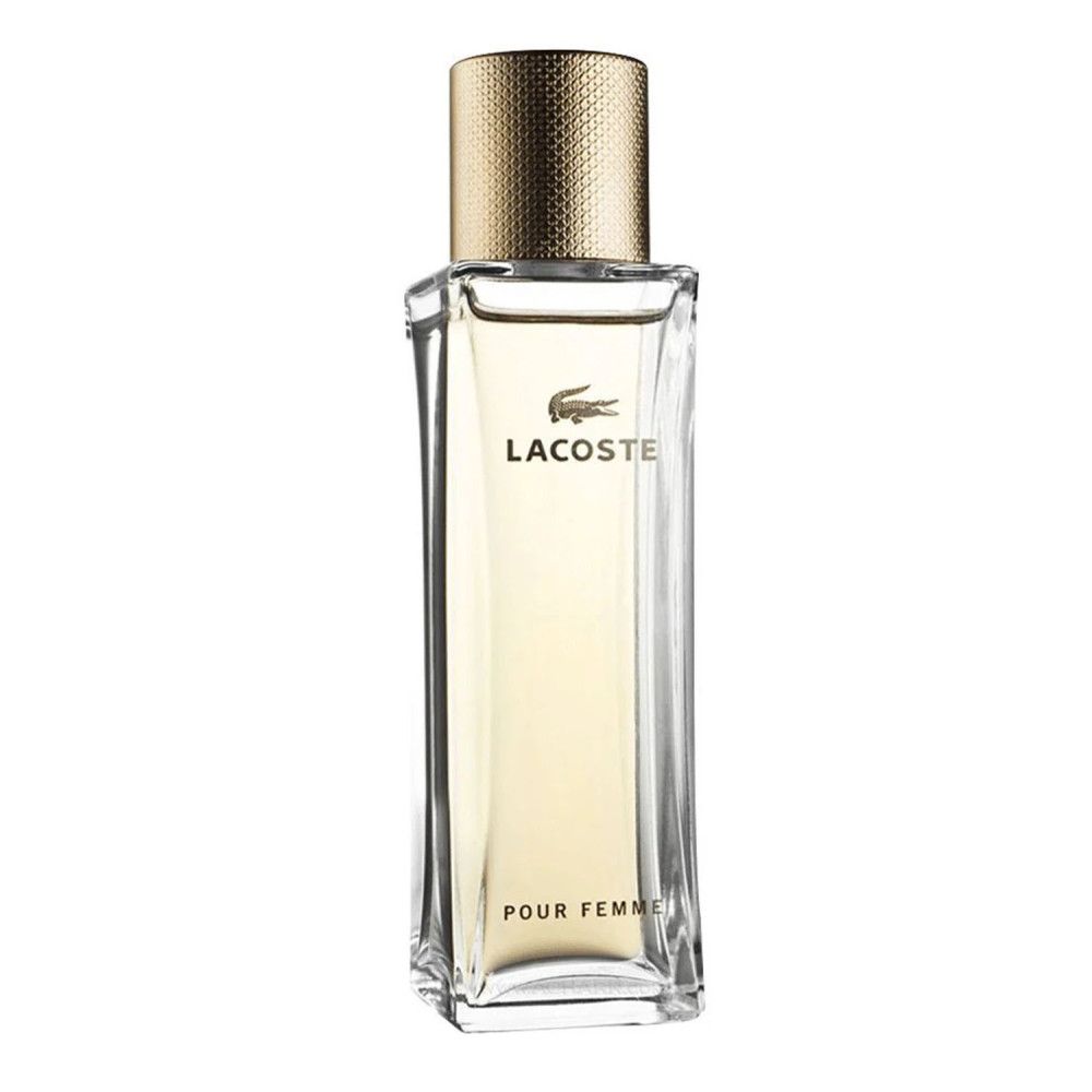 Flacone rettangolare con tappo dorato. Logo Lacoste e scritta « Pour Femme » sull'etichetta. Liquido giallo chiaro.