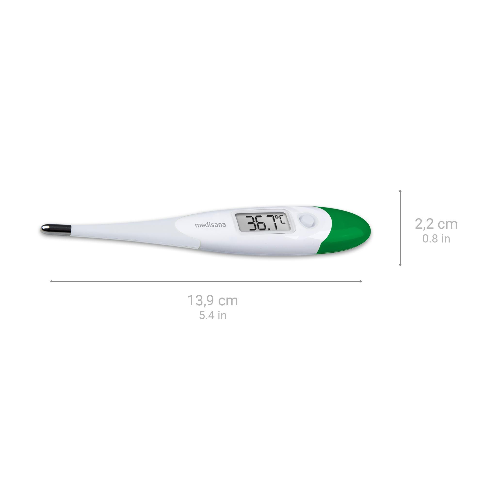 Termometro digitale, lungo 13,9 cm, largo 2,2 cm, corpo bianco, cappuccio verde.