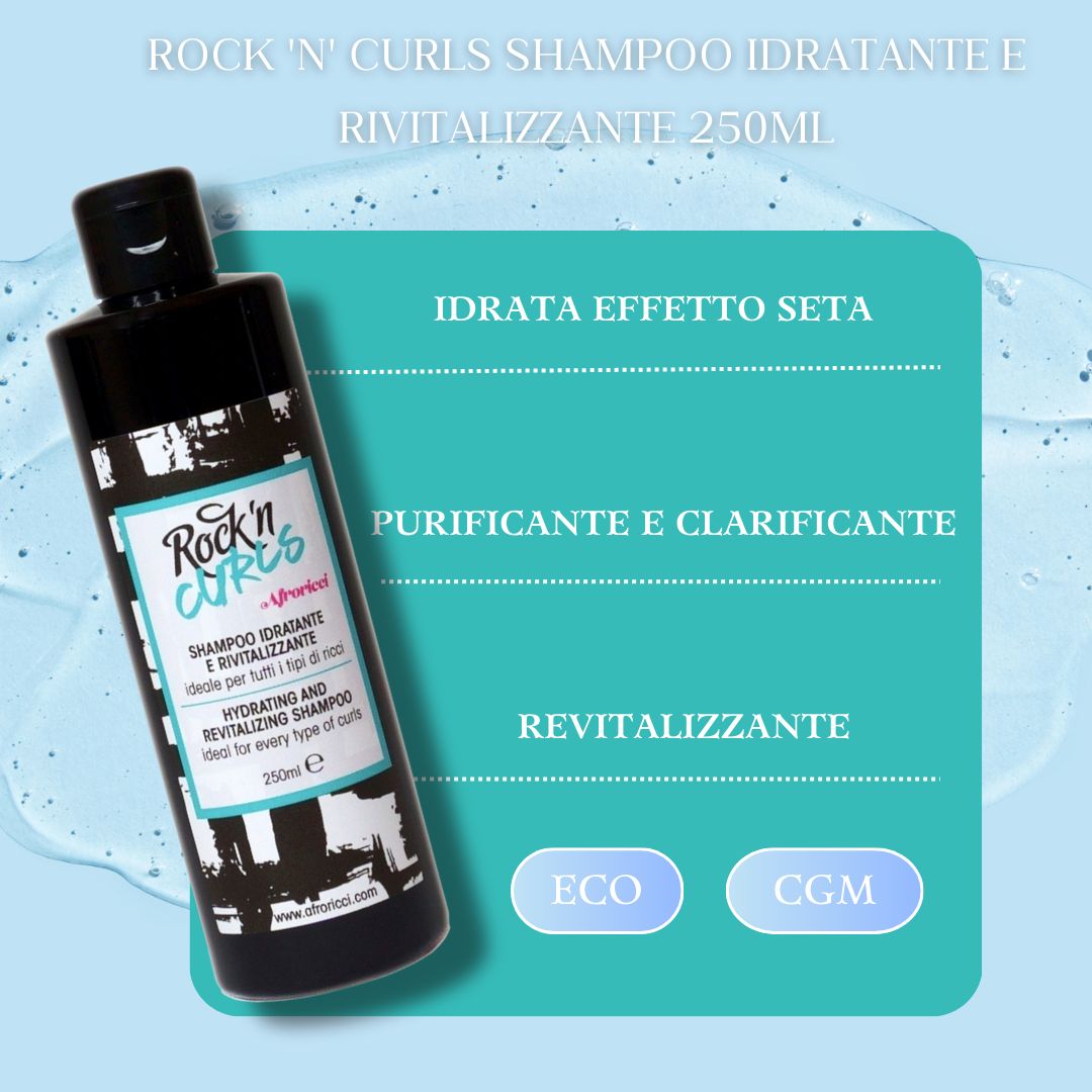 Flacone nero con etichetta. Testo: Rock 'n' Curls Shampoo Idratante e Rivitalizzante. Su sfondo blu con testo.
