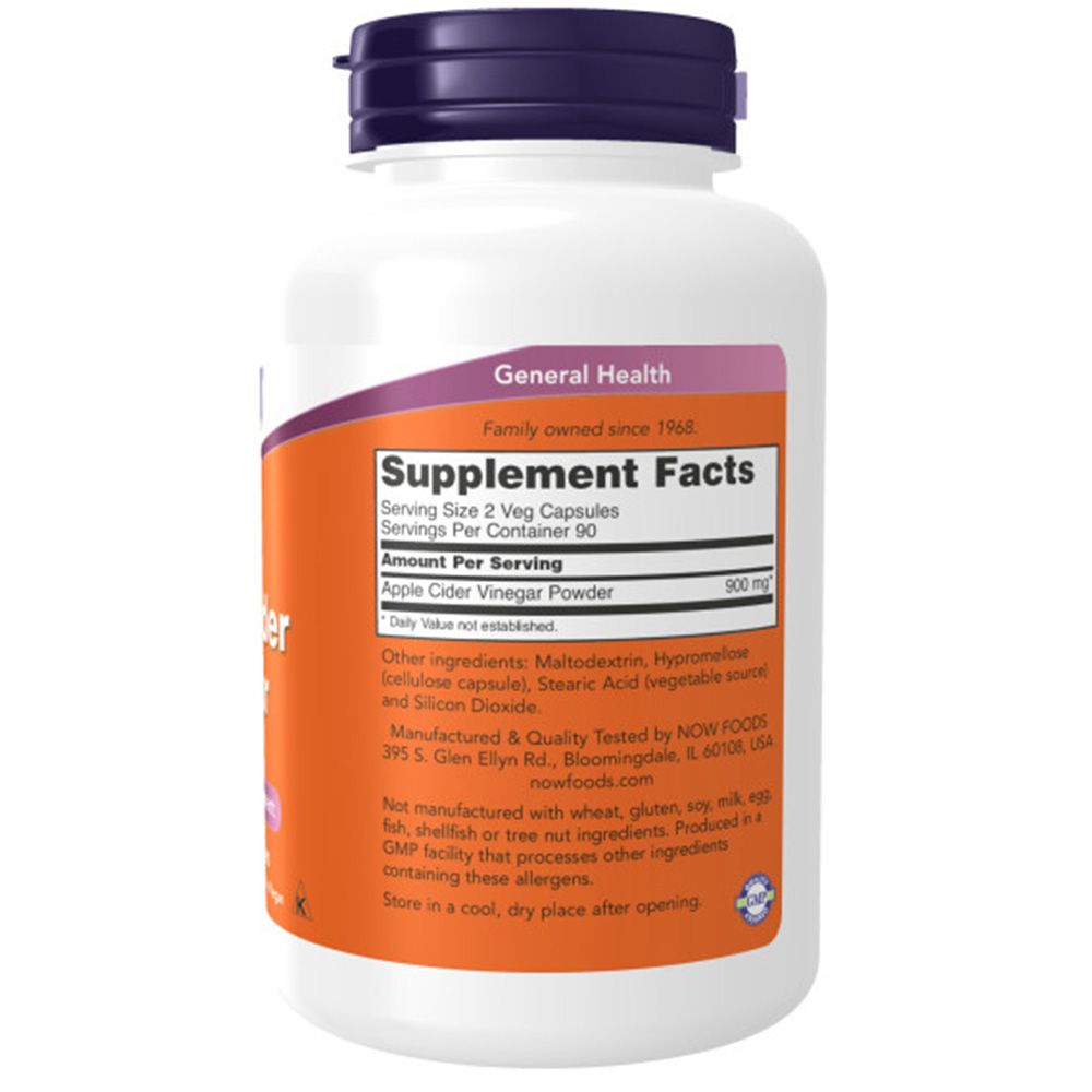 Flacone bianco con tappo viola. Etichetta arancione con informazioni nutrizionali. 'NOW' e 'Supplement Facts' visibili.
