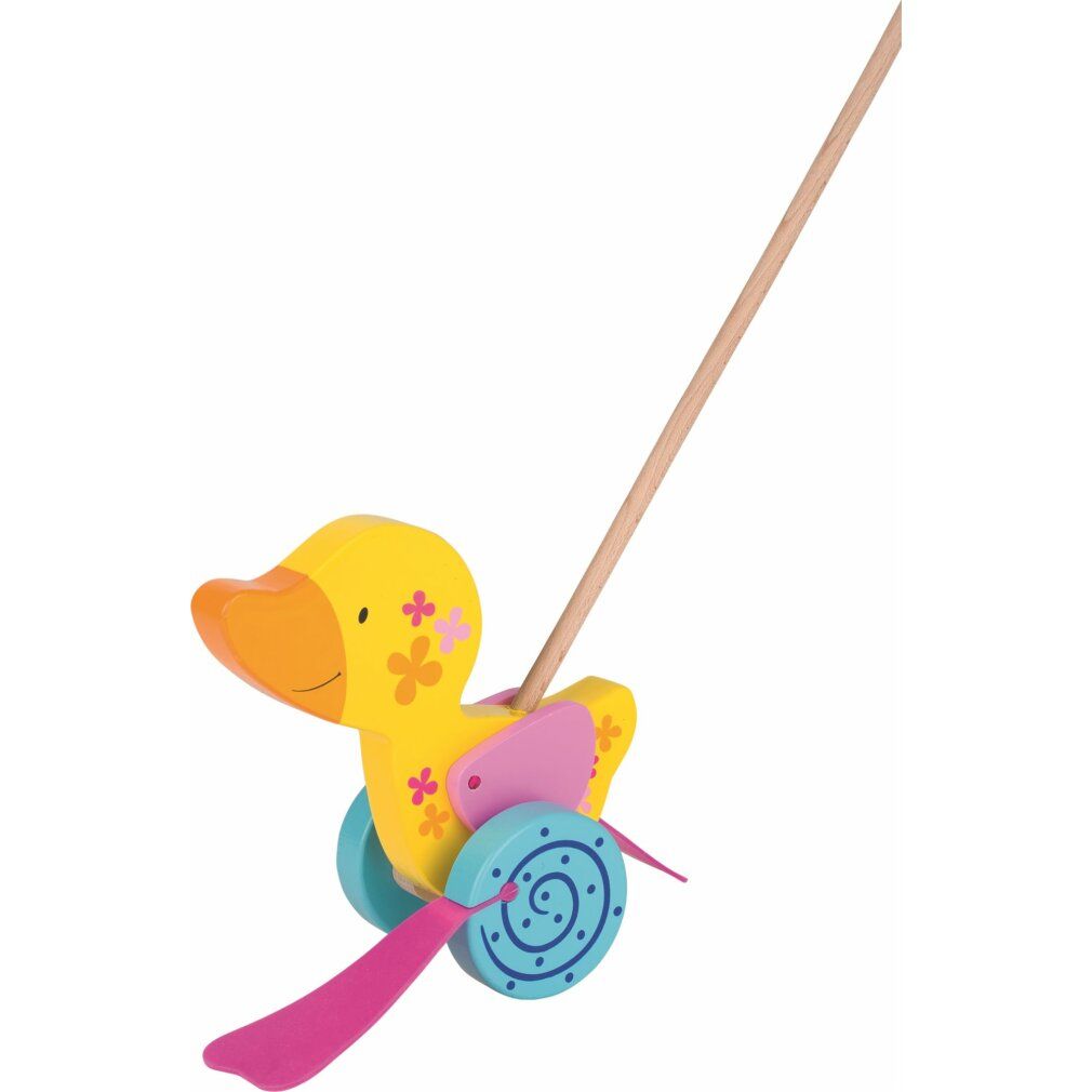 Anatra gialla con ruote e manico. Ali e elica rosa. Ruote blu con motivo a spirale. Giocattolo in legno.