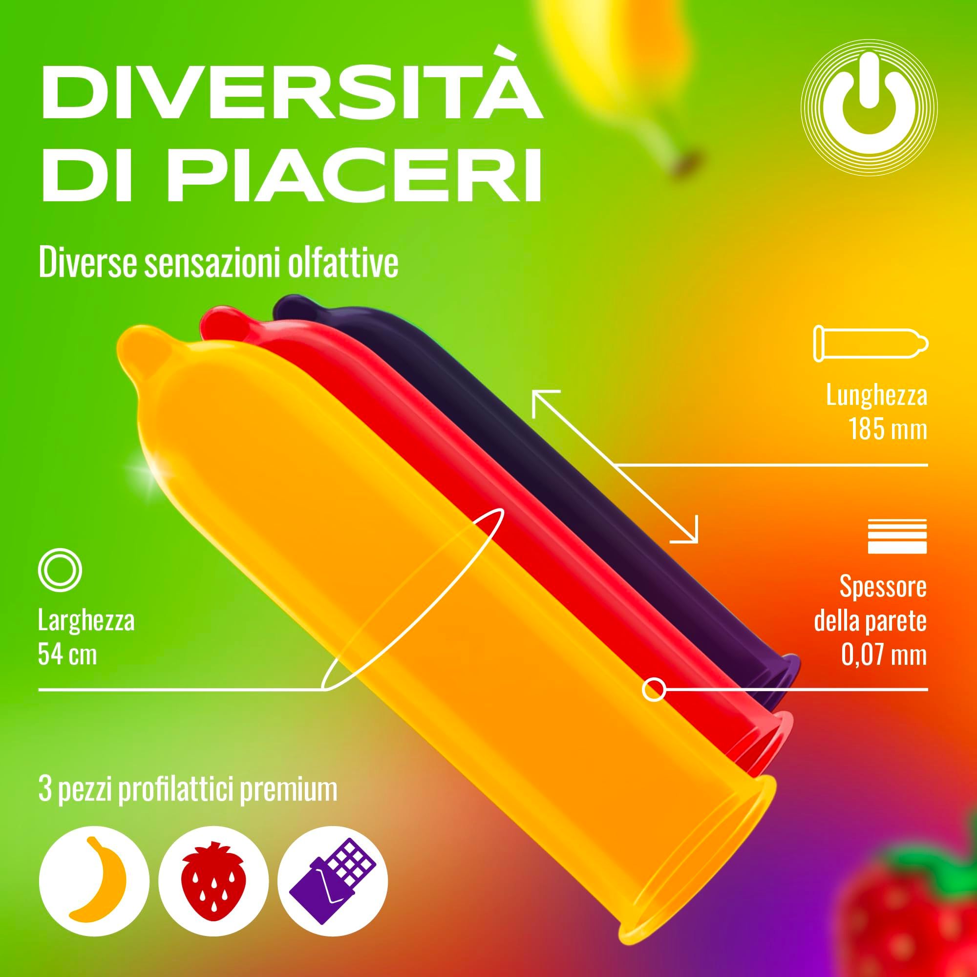 Tre preservativi ON in giallo, rosso e viola. Dimensioni: Lunghezza 185mm, larghezza 54mm, spessore 0,07mm.