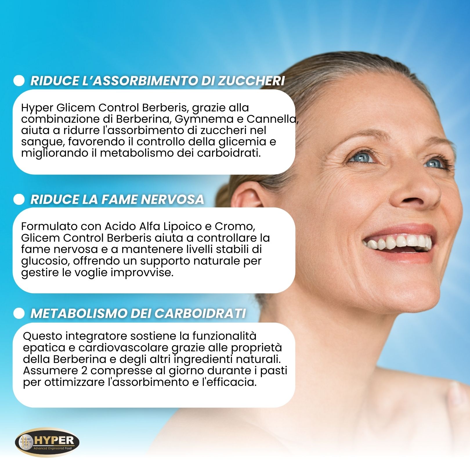 Donna sorridente. Testo: Riduce l'assorbimento di zuccheri, riduce la fame nervosa, metabolismo dei carboidrati. Hyper Glicem Control Berberis.