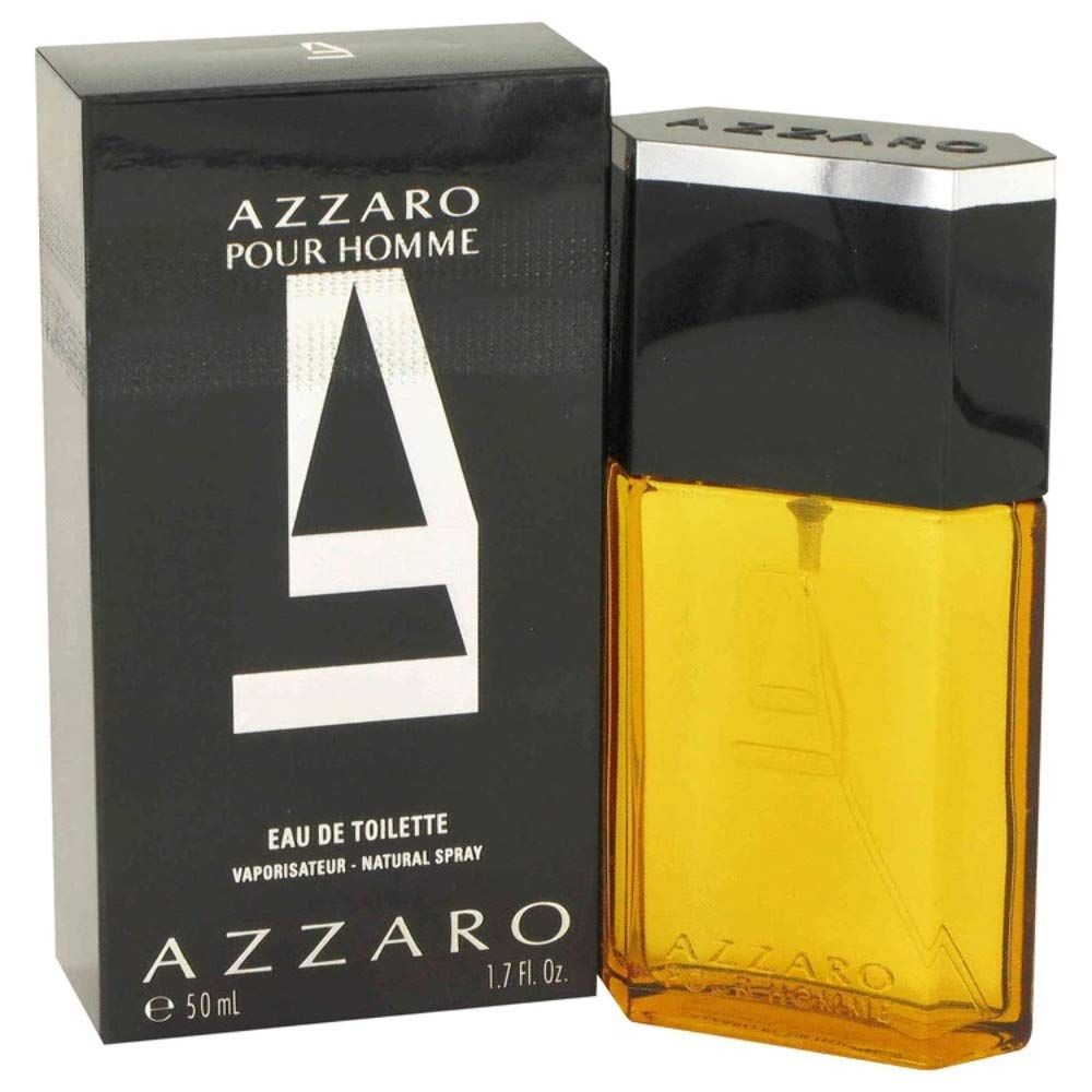 Azzaro Pour Homme Eau de Toilette Spray. Scatola e flacone neri. Flacone con liquido giallo. 50ml.