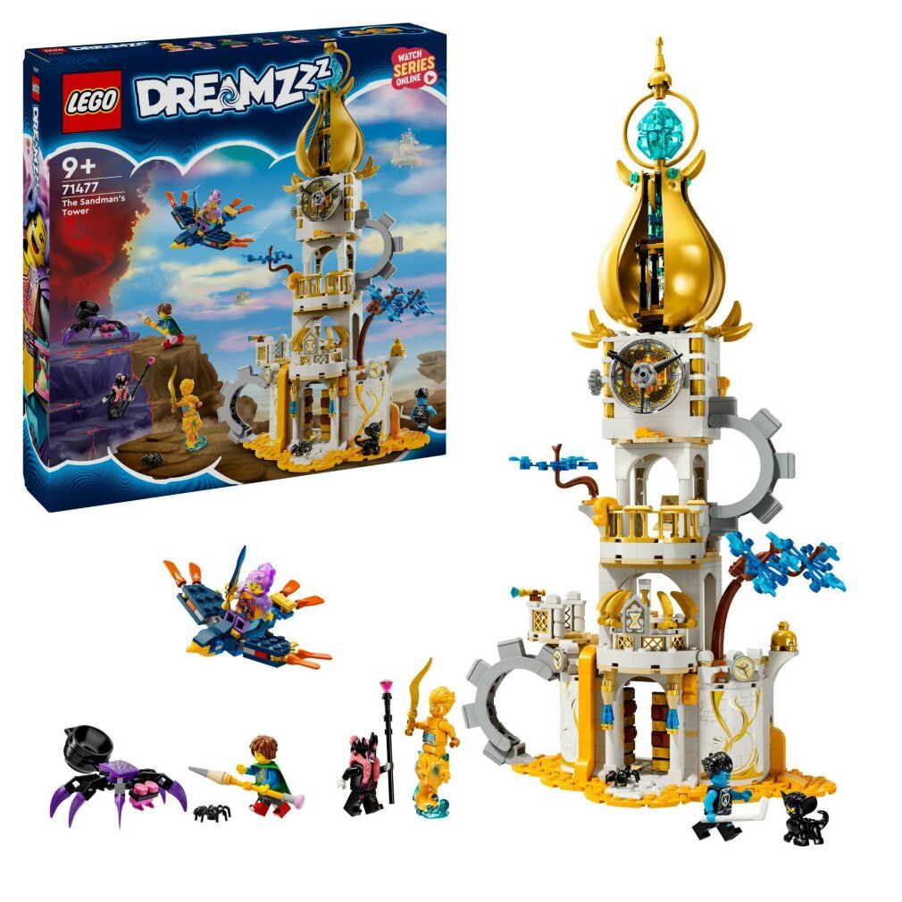 Set LEGO DREAMZzz. Torre con elementi dorati e personaggi. Confezione a sinistra, torre a destra. Personaggi a terra.