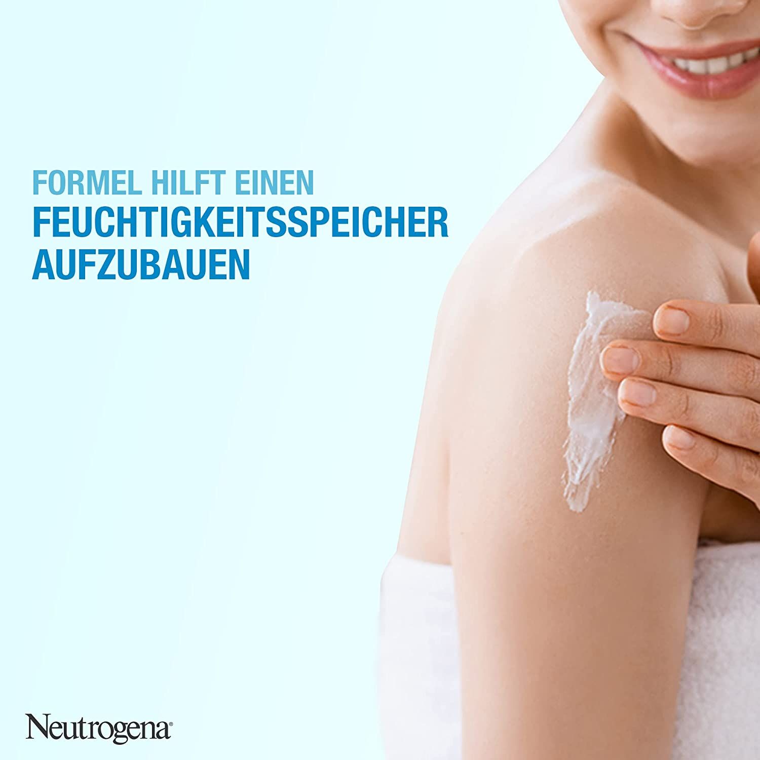 Donna applica gel sulla spalla. Testo: La formula aiuta a costruire una riserva di idratazione. Logo Neutrogena.