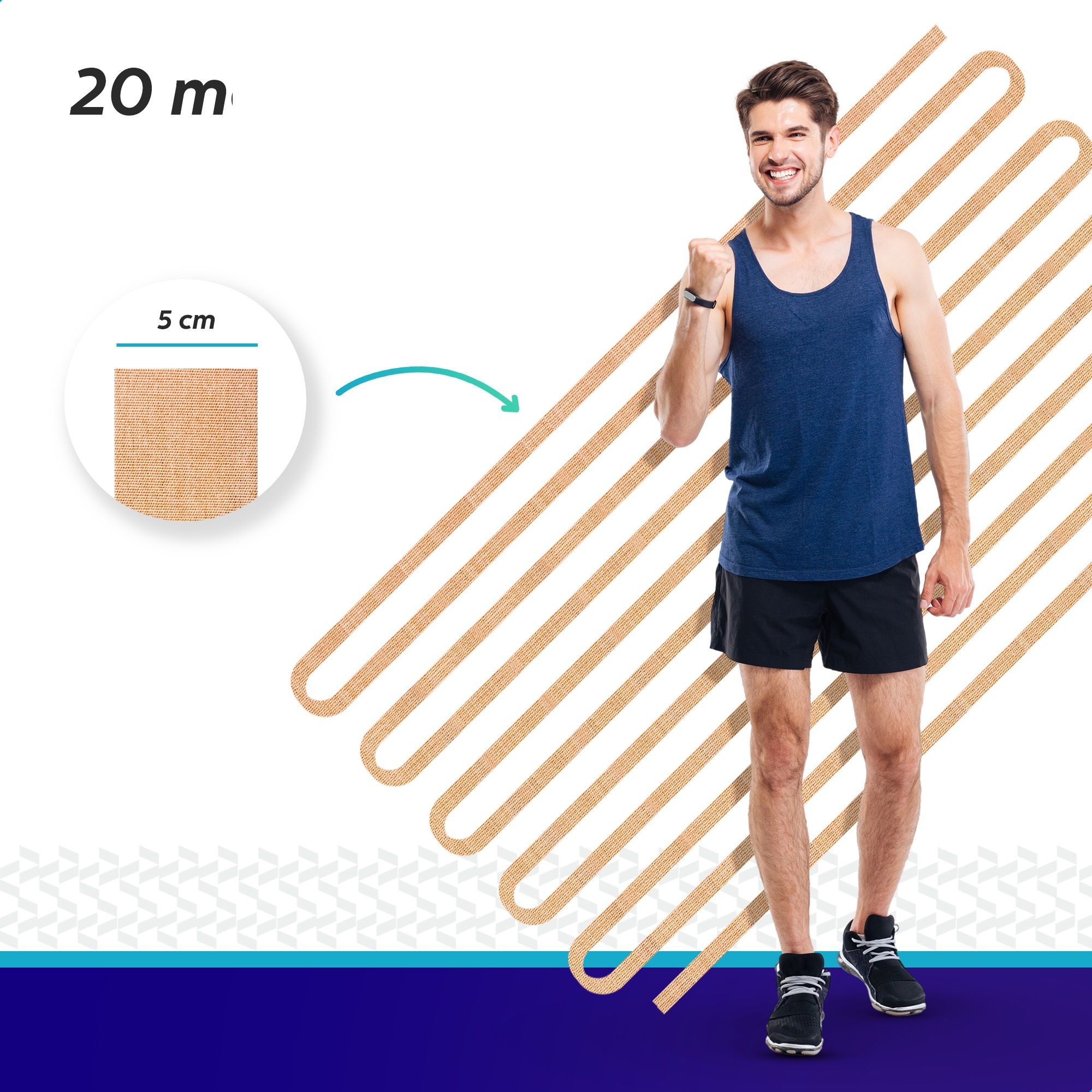 Uomo con applicazione di kinesio tape. Misura 5 cm. Scritta 20 m.