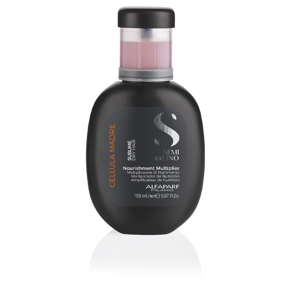 Flacone nero con liquido rosa. Scritta: Semi Di Lino, Nourishment Multiplier, Alfaparf Milano. 50 ml.