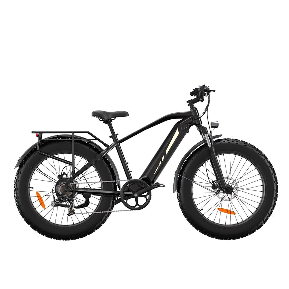 Mountain bike elettrica nera con pneumatici larghi, portapacchi e parafanghi. Vista laterale, dettagli.